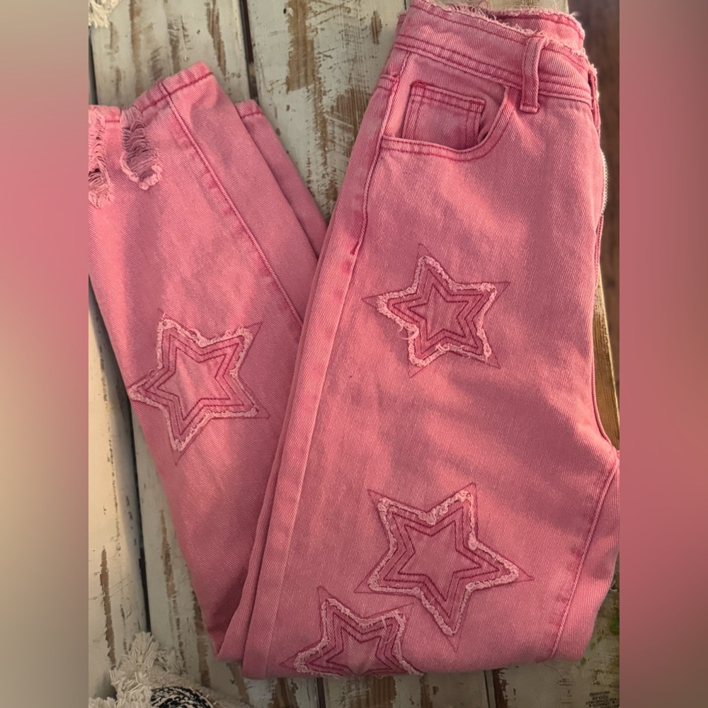 SHEIN Pink Star Embroidered Ankle Jeans